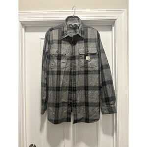 Carhartt Men Gray Plaid Flannel Loose Fit Long Sleeve Button Shirt Size Medium